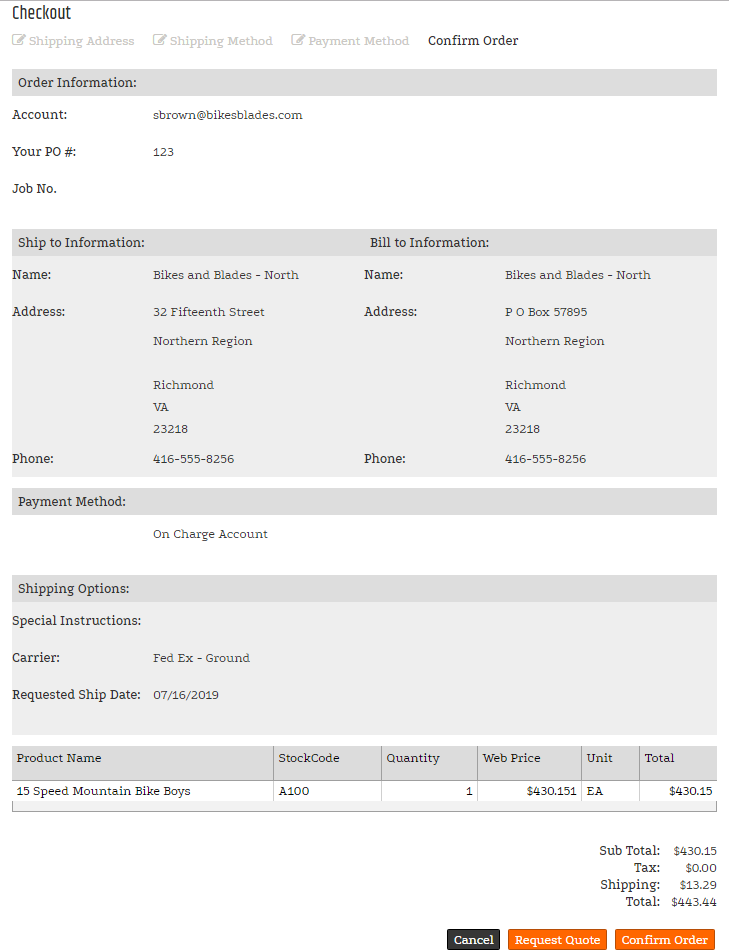 Checkout order confirmation showing order information and confirmation actions.