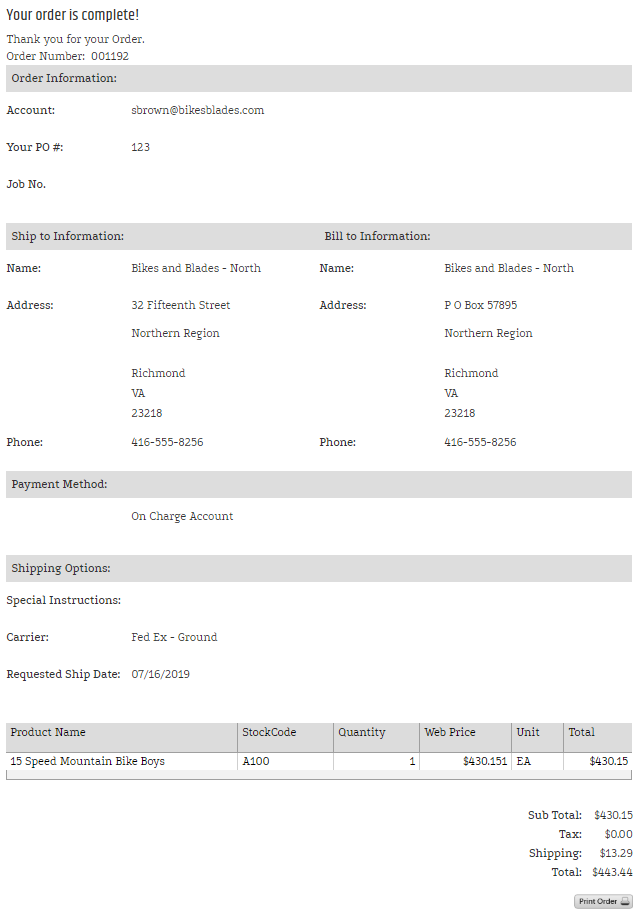 Checkout order receipt showing confirmed order information and print action.