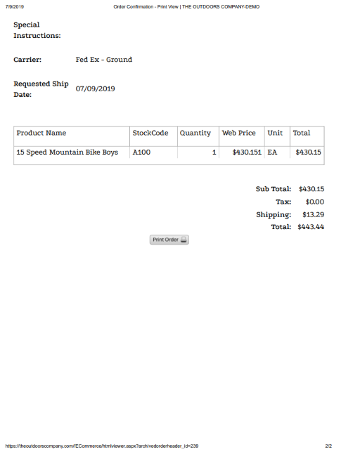 Alternate printable checkout order confirmation view.