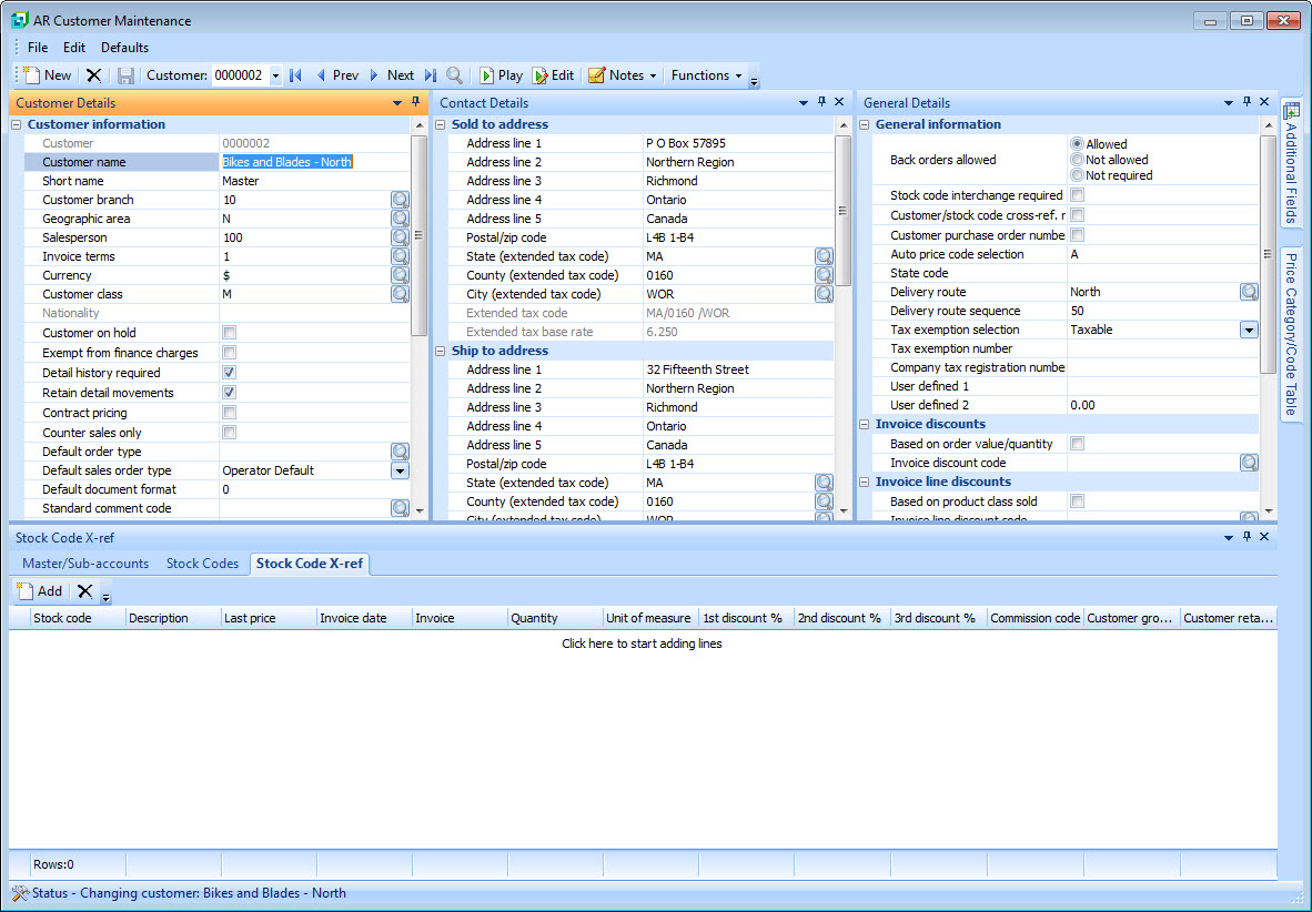 SYSPRO AR Customer Maintenance showing customer details