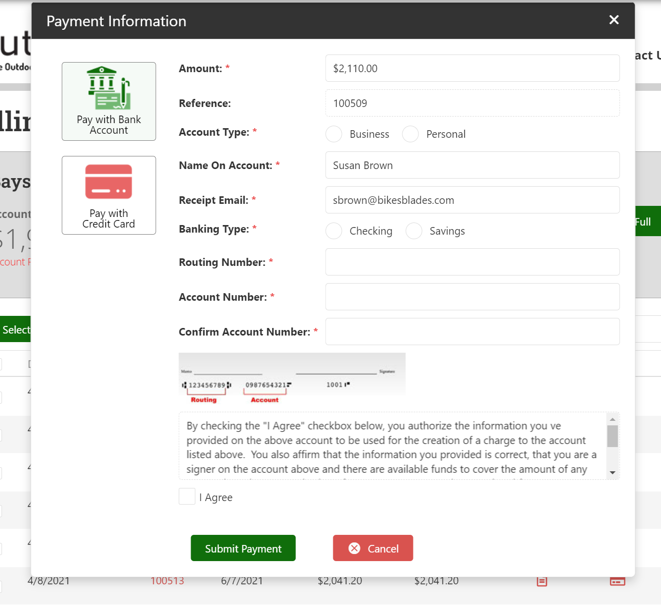 Payment form opened from an eligible invoice in the Billing History workflow.