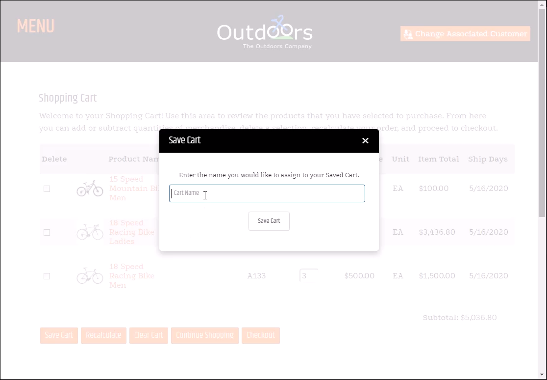 Save Cart dialog over the Shopping Cart page.