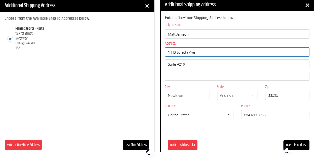 Shipping-address selection dialog, including saved and one-time address options.