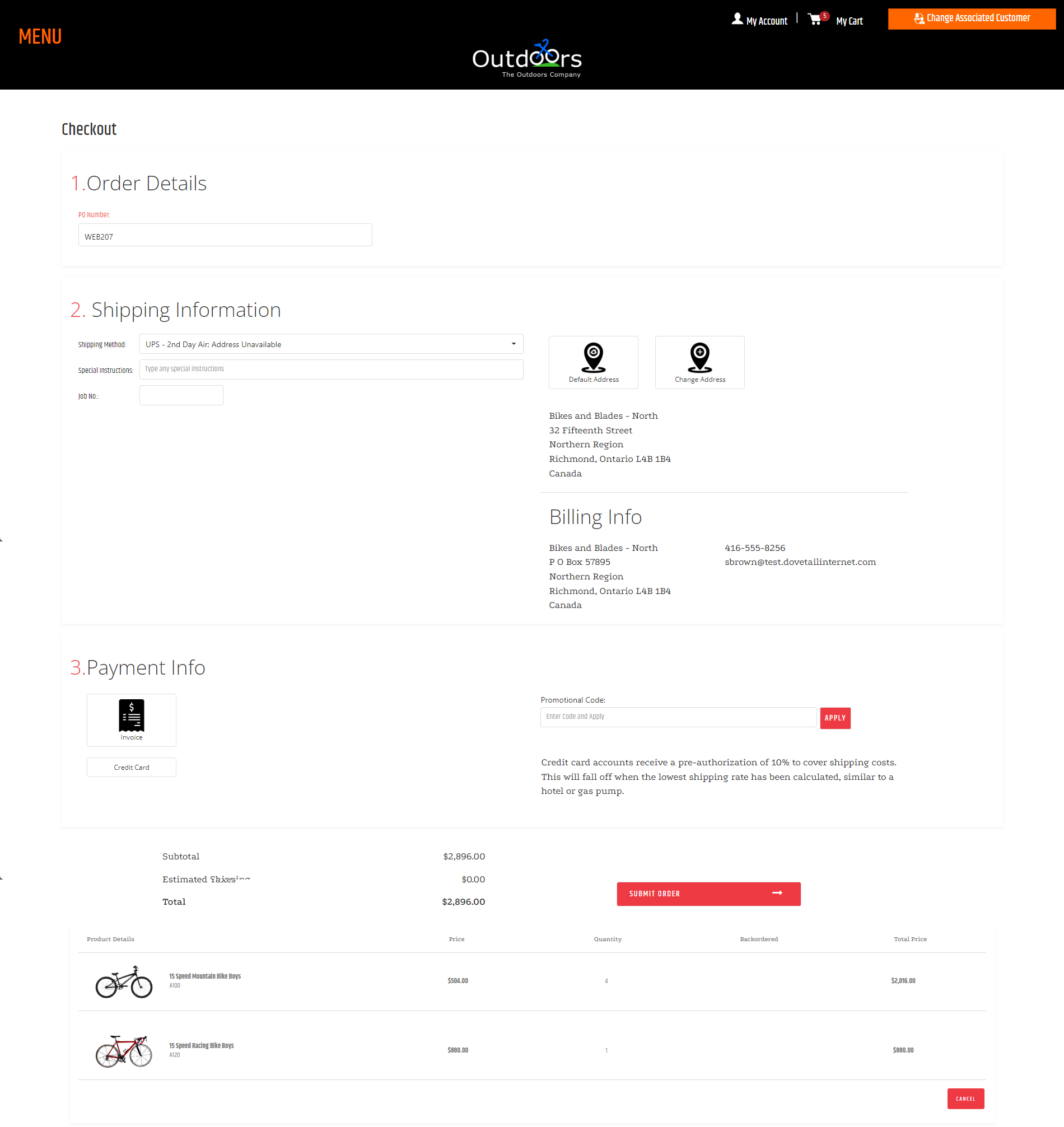 Checkout widget showing order details, shipping and payment sections, and order totals.
