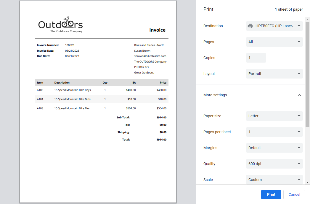 Print preview for an invoice opened through the Document Viewer popup.
