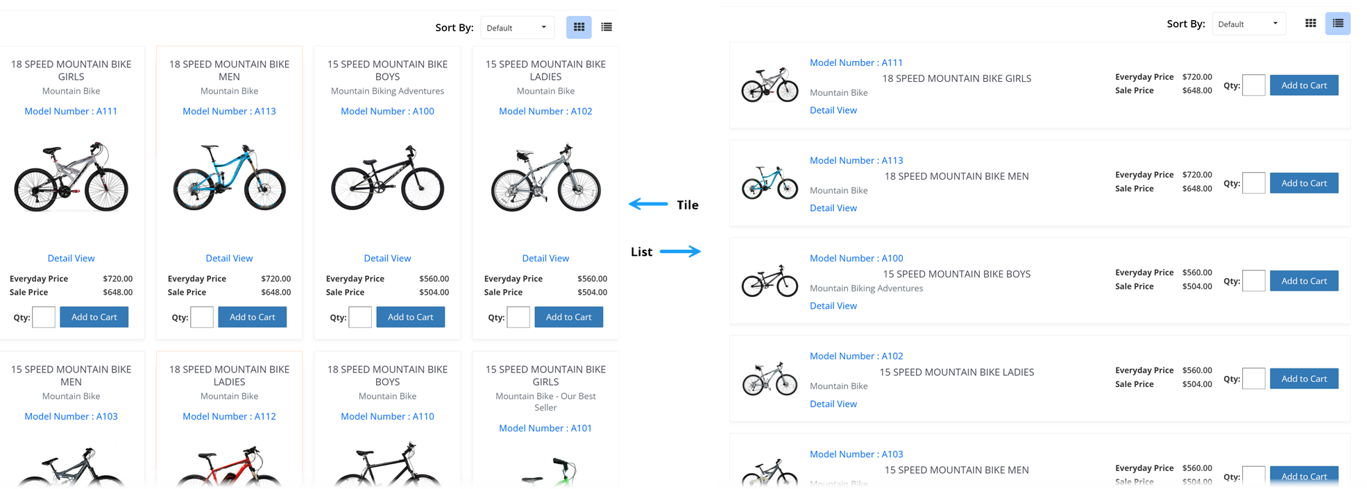 Items_TileListing widget showing both List and Tile Views