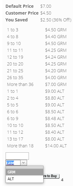Storefront UOM dropdown with quantity, price, and Add to Cart controls.