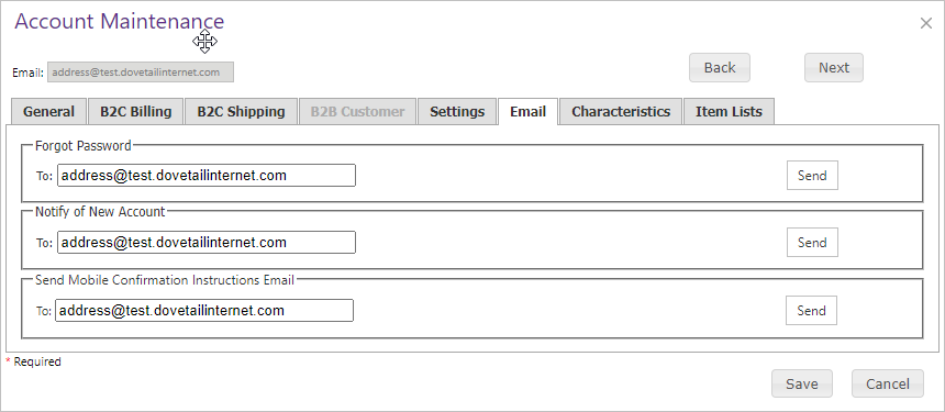 Account Maintenance Email tab.