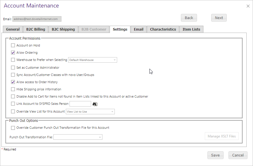 Account Maintenance Settings tab.