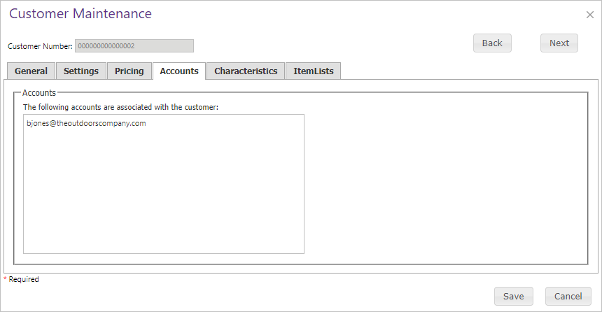 Customer Maintenance Accounts tab.