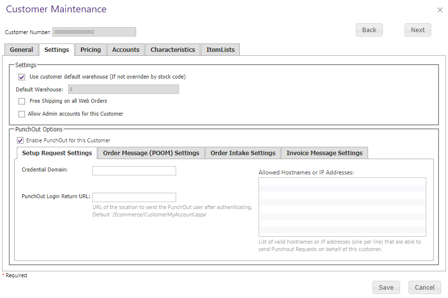 Customer Maintenance Settings tab.