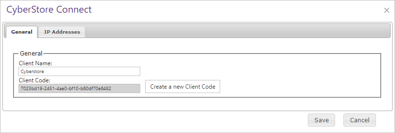 General tab in CyberStore Connect maintenance.
