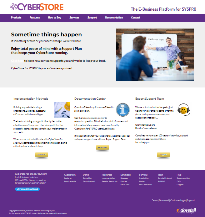CyberStore support page opened from Help.