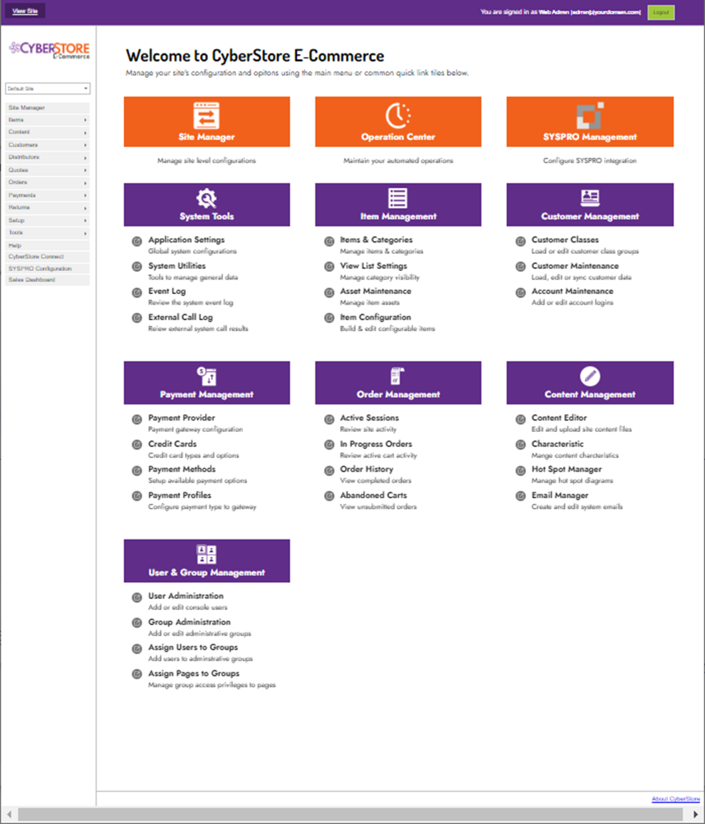 CyberStore Management Console dashboard.