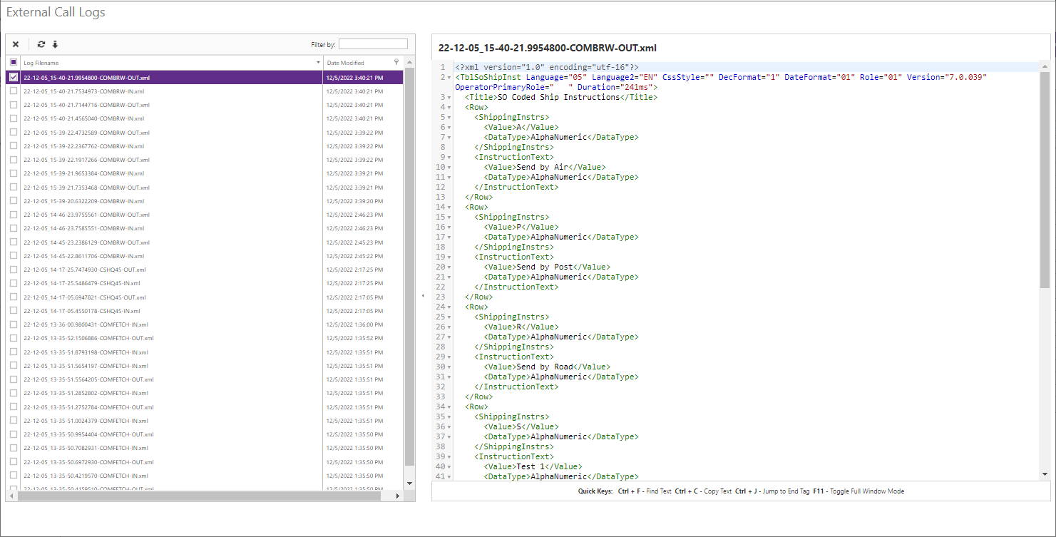 External Call Log Viewer showing an XML log