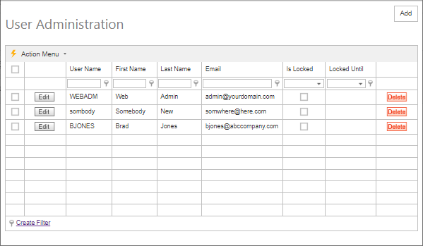 User Administration grid and editor used to maintain Console-user lock status.
