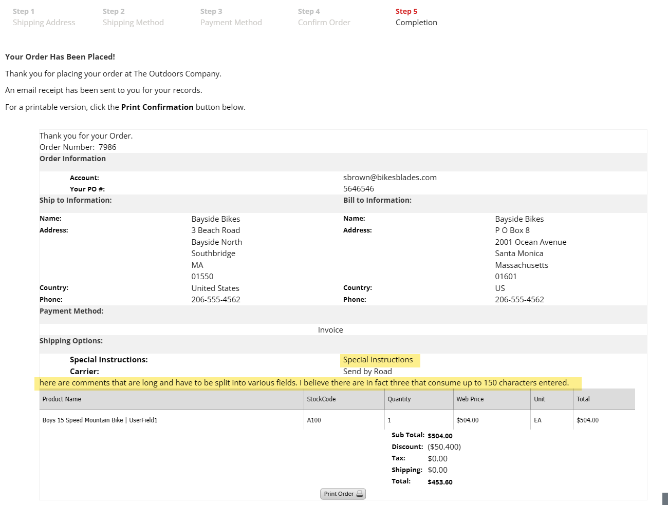 Order History and Receipt Tabs Displaying Comments